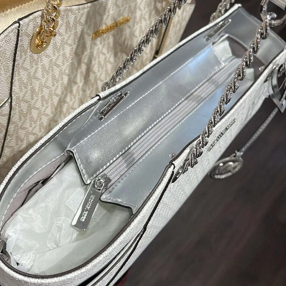 MICHAEL KORS  Jet Set Travel Large Signature Chain Shoulder Tote Bag Silver  NWT